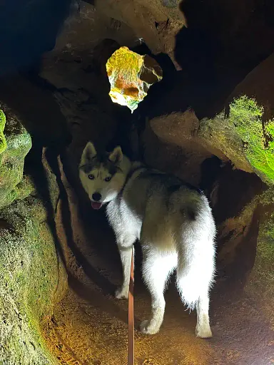 Grotte naturelle creusée dans la roche avec éclairage