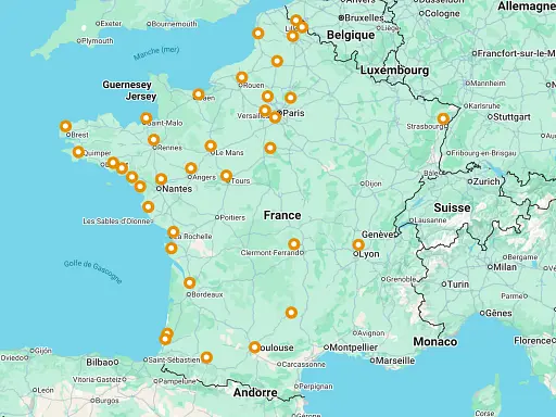 Carte de France montrant les différentes implantations des Pop Corn Labyrinthes